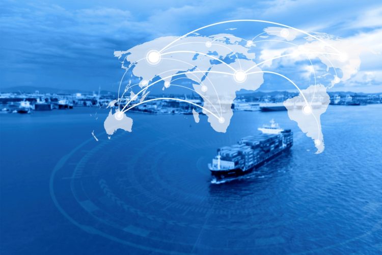 Map global connection concept,Industrial Container Cargo freight ship for Logistic Import Export background background (Elements of this image furnished by NASA)